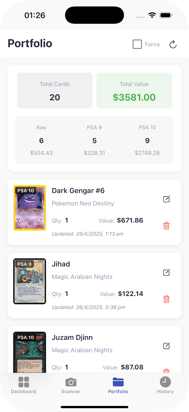 Bank TCG mobile app portfolio interface showing card collection, grades, and market values
